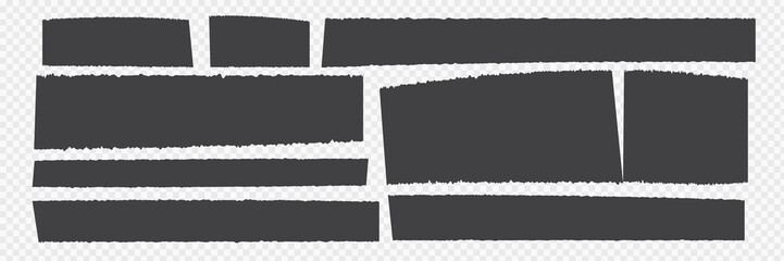 Black ripped and cutout paper torn strip vector illustration isolated on white. Ripped edge texture strips collection. Collage shape of black paper silhouette. Shreds of pages. Grunge fragment