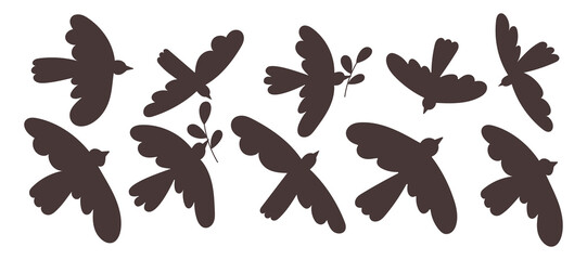 Flying dove bird icon silhouette vector illustration isolated on white background. Set of pigeon shapes with olive branch, peace symbol. Silhouette of flying birds. Hope symbol collection