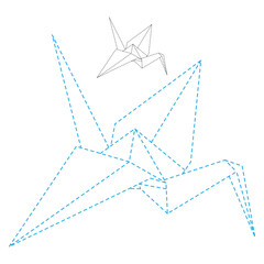 Set of origami crane vector outline dashed illustration isolated on white background. Japanese traditional origami crane for infographic, website or app. Geometric line shape for art of folded paper.