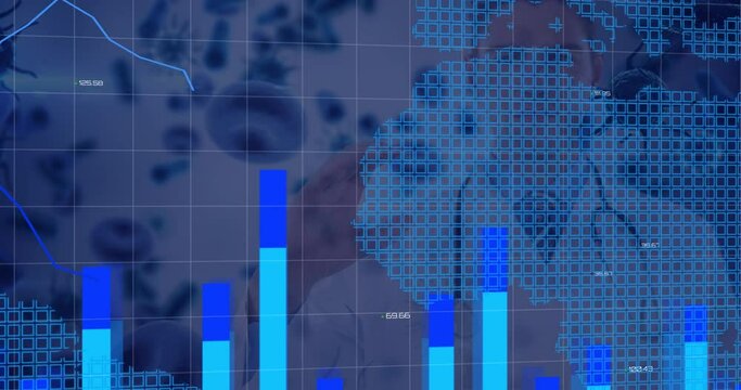 Statistical data processing over causation male doctor holding a invisible object and covid-19 cells
