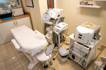 High angle view of modern equipment in the beauty salon. Medical equipment for cosmetology in Beautician cabinet.