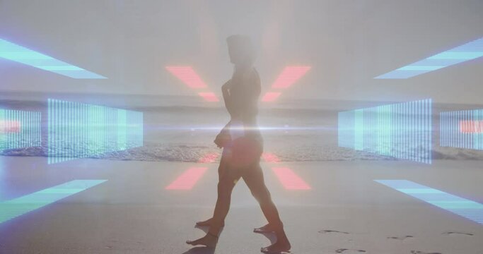 Neon tunnel in seamless pattern against caucasian couple walking together on the beach