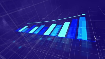 Digital animation of statistical data processing over grid network against blue background - Powered by Adobe