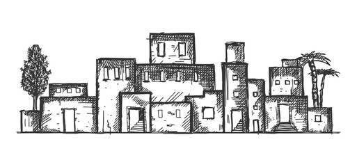 Naklejka premium An ancient eastern city drawn by hand. The village of Bethlehem, Jerusalem, Judea.