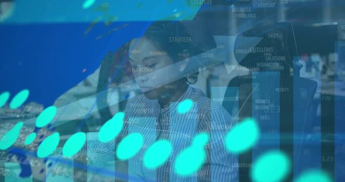 Animation of financial data over world map and biracial woman working in office - Powered by Adobe