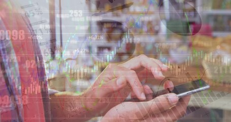 Animation of financial data over hands of caucasian people using payment terminal - Powered by Adobe
