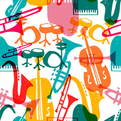 Jazz music instrument doodle seamless pattern background - obrazy, fototapety, plakaty