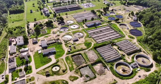 aerial view modern wastewater sewage treatment plant of the city