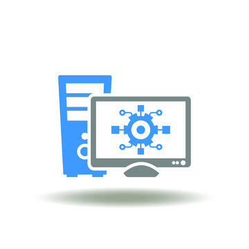 Vector illustration of computer with gear flowchart circuit. Icon of software programming development. Symbol of API integration.