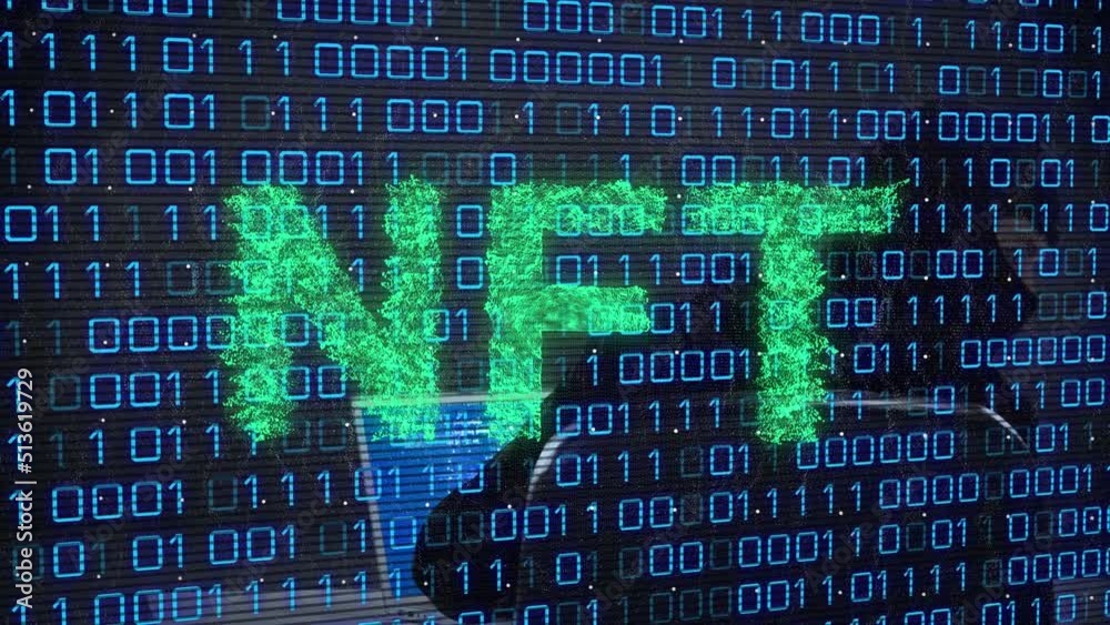Poster animation of data processing and nft text over caucasian male hacker using laptop