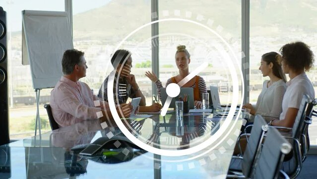 Animation of clock moving over happy diverse female and male coworkers having meeting - Powered by Adobe
