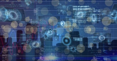 Animation of graphs and diverse data processing on navy digital screen with cityscape - Powered by Adobe