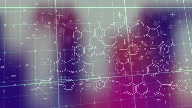 Animation of chemical formulas and data over pink, violet and grey background