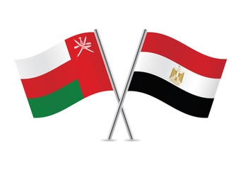 Oman and Egypt crossed flags. Omani and Egyptian flags on white background. Vector icon set. Vector illustration.