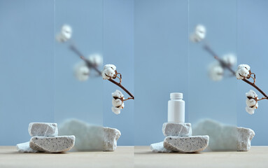 Stone podium for beauty product promotion, spring cotton twig on light blue. Empty showcase for...
