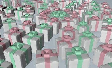3d illustration. There are many gift boxes with pink and green bows on the field or shelf.
