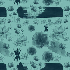 Navy blue flowers blue green background with paint strokes and splats on this pattern design element.