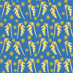 Yellow succulent flowers and sun French blue seamless pattern of this unusual floral.  Flowers handpainted with watercolor. 