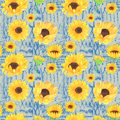 Sunflower repeating pattern light green background French blue texture design element.