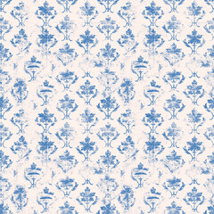 French blue vintage floral on blush repeating pattern retro design element.