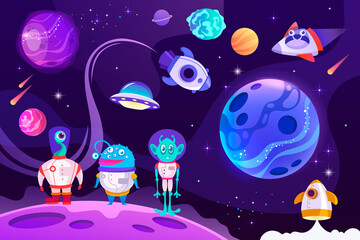 Space travel. Planets, aliens and rockets. Space childish banner. Vector cartoon illustration. EPS 10 - 513621308