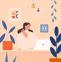 Woman working on a laptop at home or in the office. Freelancer using a computer. Cozy workplace with plants. Girl sitting at the desk in a modern interior. Remote job concept. Vector illustration