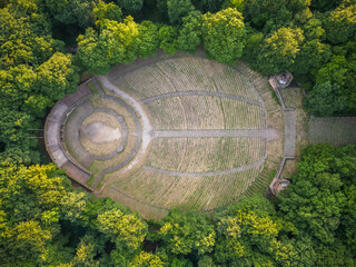 Aerial view on a forest with the Amphitheatre Heidelberg Thingstaette in Germany.