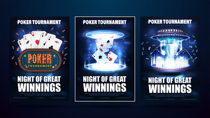 Poker tournament, set of invitation posters with casino elements. Posters with digital 3D podium with poker cup, Casino poker table, playing cards and poker chips inside blue portal