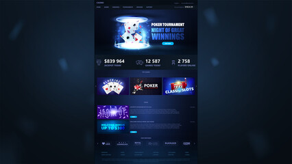 Online casino, dark and blue template of website of casino with casino elements