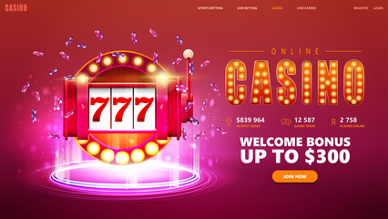 Online casino, pink banner for website with button and red slot machine with ships around