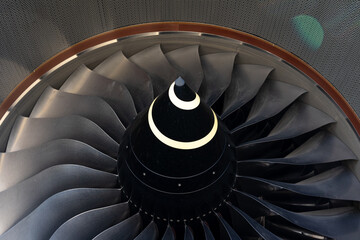 Detail of turbofan jet engine, close-up. - obrazy, fototapety, plakaty