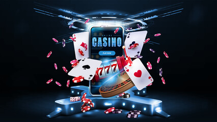 Smartphone, casino slot machine, Casino Roulette, cards and poker chips in dark scene with digital cross shaped podium with light bulbs and hologram of digital rings