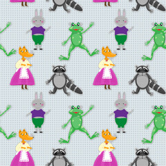 Fototapeta premium seamless pattern with animals: fox, raccoon, frog, rabbit. vector graphics