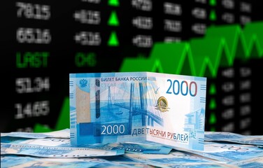 Russian ruble. The rise of the ruble exchange rate. Payment for gas in Russian currency concept