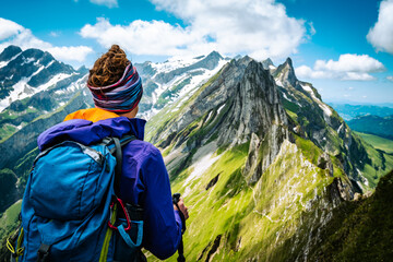 Hiker is enjoying the view from a beautiful viewpoint in the Säntis massive