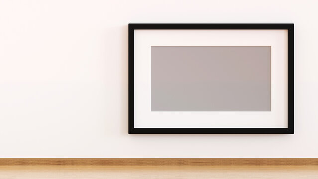 Empty picture frame on wall in living room, 3D rendering.