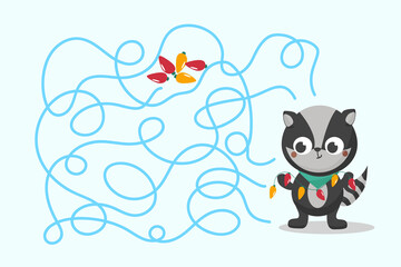 Children's maze. Help the little Christmas raccoon to find light bulbs for a Christmas garland. Colorful vector illustrations for children books in simple cartoon style