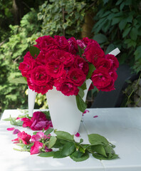 fresh bouquet of red roses in a white vase on the background of the garden