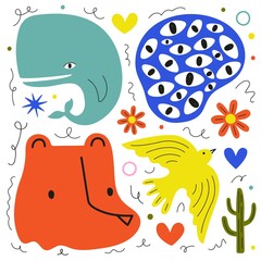 Vector set with whale, bear, bird and doodle elements. Trendy illustration print design collection, sticker pack template