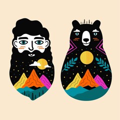 Vector illustration set with man head and bear. Abstract colored mountains, clouds and pine trees. Nature lovers print design collection, greeting card template, childish home decoration poster