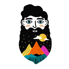 Vector illustration with man head, abstract colored mountains, clouds and pine trees. Trendy print design, greeting card template, home decoration poster
