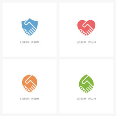 Handshake logo set. Shield, heart, place and leaf symbols - partnership, collaboration and cooperation, deal and agreement, business, protection, love and ecology icons.