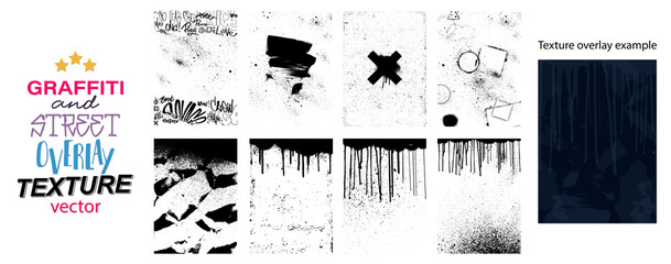 Backdrop overlay texture stamps to create a decorative background and give effect - damage, street culture, vintage, graffiti, dripping paint, drops. Overlays grainy stamp. Vector grunge texture set
