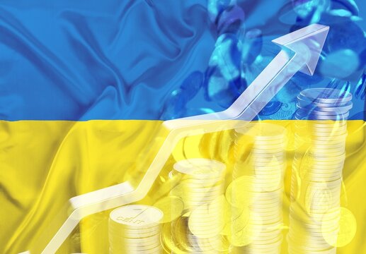 Ukraine flag and stacking coins. Stock market investment trading financial, trade losses during the war, Business losses on stock market chart.