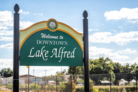 Lake Alfred, USA - October 19, 2021: Welcome to Downtown Lake Alfred city, small town in Polk county in Lakeland Winter Haven metropolitan statistical area of Florida
