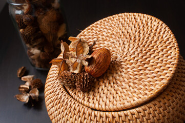wicker straw box craft round top with dried flowers and lavender