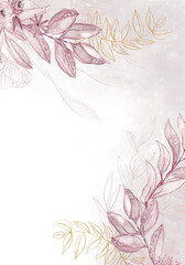 Pale leaves - botanical design banner. Floral pastel watercolor border frame.