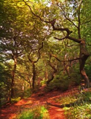 digital impressionist style painting of sunlit spring woodland with bright green foliage on old twisted trees with pathways surrounded by bluebells