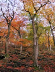 digital impressionist style painting of autumn woodland with colorful leaves and tall trees growing in a moss covered rocky hillside