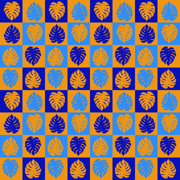 Abstract geometric pattern of squares and Adam's rib Monstera  in golden, light blue and dark blue colors. Vector illustration for various prints.